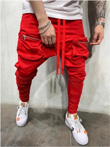

men's pants man fashion streetwear stitching color joggers hip hop long men elastic waist multi-pocket jogger, Black