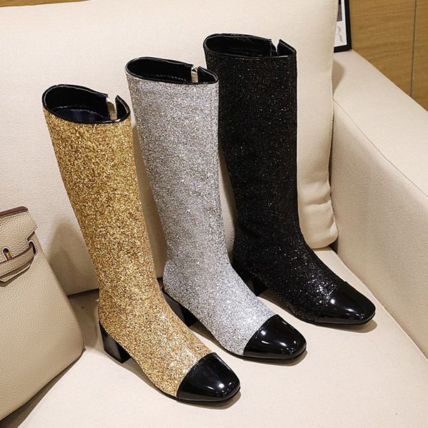 

boots luxury shoes women designers 2021 sequins bling side zipper knee high block heels knight tube gold big size 47, Black