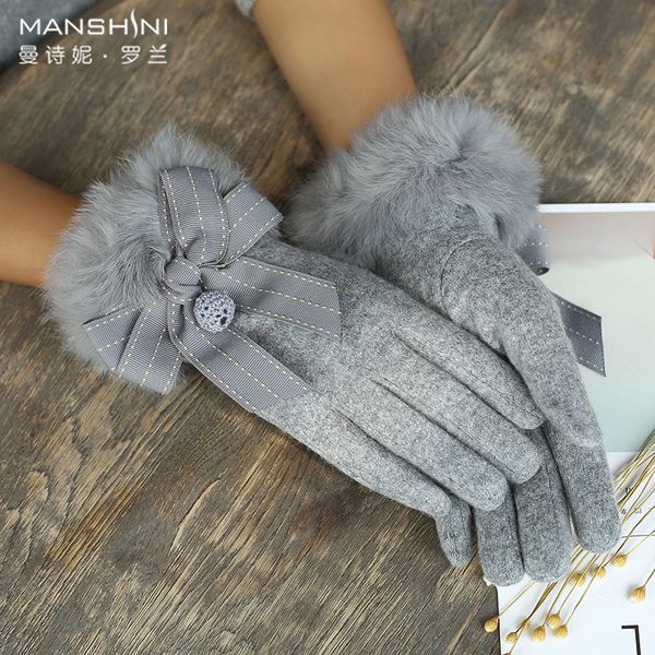 

wool cashmere telefingers gloves woman winter ' hair lovely student thin plus velvet thickness touch screen gloves 0819, Blue;gray