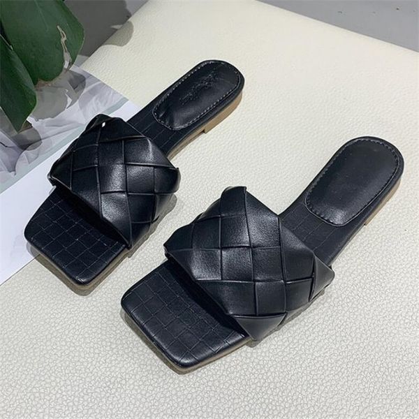 

2020 new brand slippers weave leather women sandal open toe flat casual slides summer outdoor beach female flip flops, Black