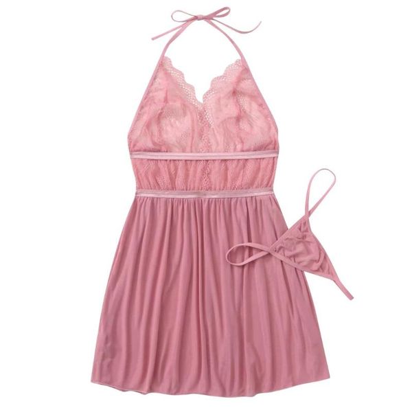 

women's sleepwear women 9033 lace nightdress with thong screen stitching comfortable backless v-neck lingerie set, Black;red