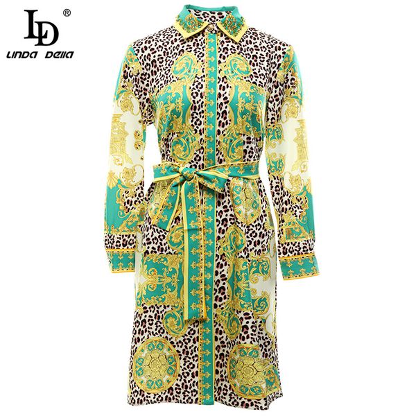 

ld linda della fashion designer autumn midi dress women turn-down collar bow belt leopard print beading loose lady vintage dress, Black;gray