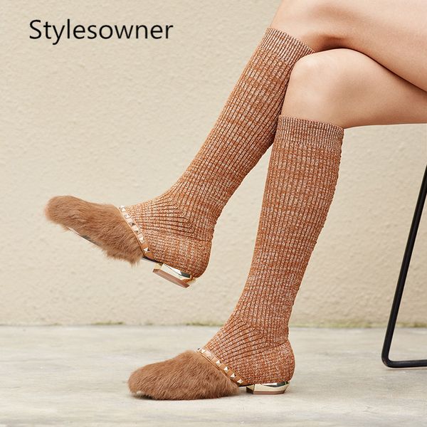 

stylesowner 2020 luxury design woman long boots knitting breathable with real fur low heels warm boots rivet winter long, Black