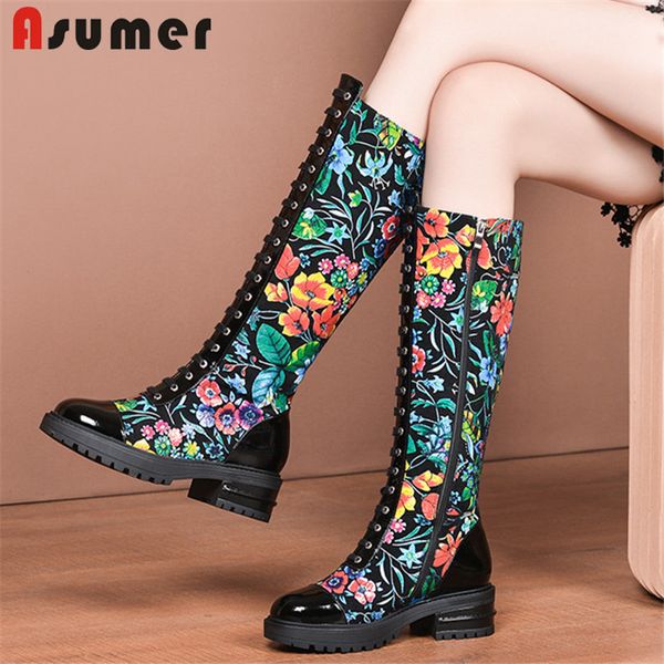 

boots asumer 2021 est patent leather print knee high women zip round toe autumn winter knight fashion punk shoes ladies, Black