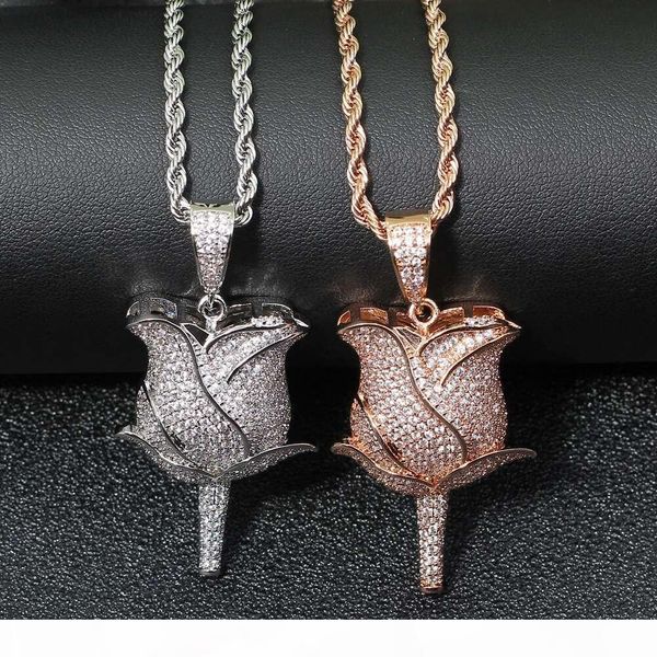 

hip hop rose diamonds pendant necklaces for men women flower necklace western real gold plated copper zircon luxury jewelry gift for gf bf, Silver