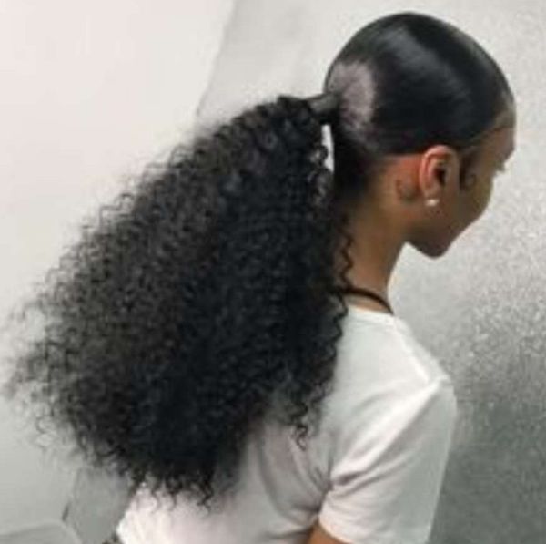 100% cabelo humano fita mágica envoltório em torno de rabo de cavalo peruca, 8a brasileiro kinky encaracolado rabo de cavalo extensão de cabelo para preto