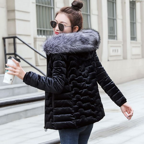 

women corduroy winter coat fake fur collar woman parka short outwear velvet warm down jackets winter jacket female coat 2020 new, Black