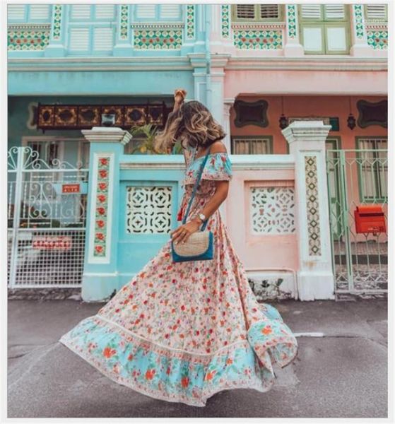 

dresses fashion womens dresses bohemian women dresses sweet flora printed pearls big skirts holiday petal sleeved slash neck long, Black;gray