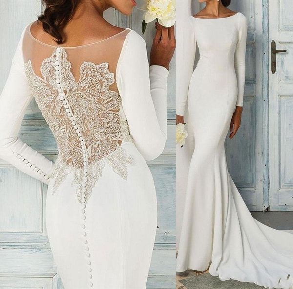 Abiti da sposa a sirena modesta con maniche lunghe 2021 Semplice raso trasparente con perline posteriori Abiti da sposa Scoop Neck Sweep Train Abiti AL6897