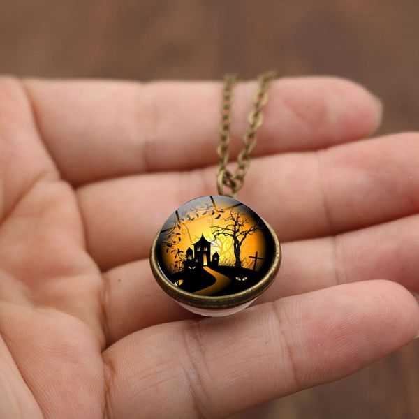 

wg 1pc retro halloween double-sided glass ball cabochon pendant necklace time gem&stone necklace for friend halloween gift, Silver