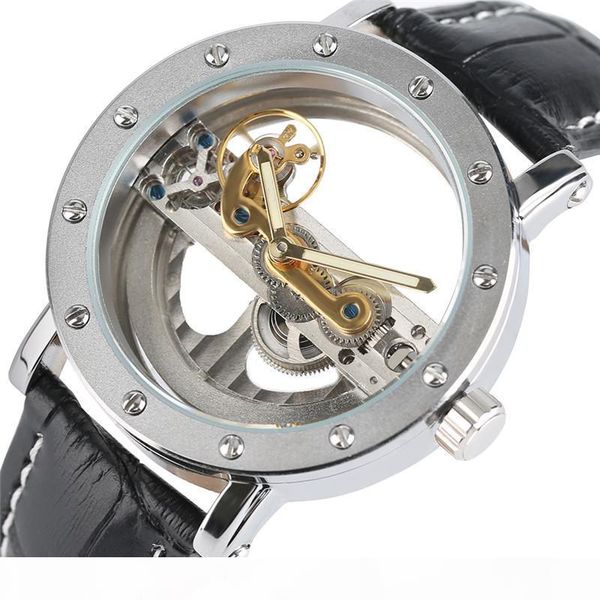 

luxury hollow automatic mechanical men fashion black leather wrist watches transparent skeleton business casual self wind clock, Slivery;brown