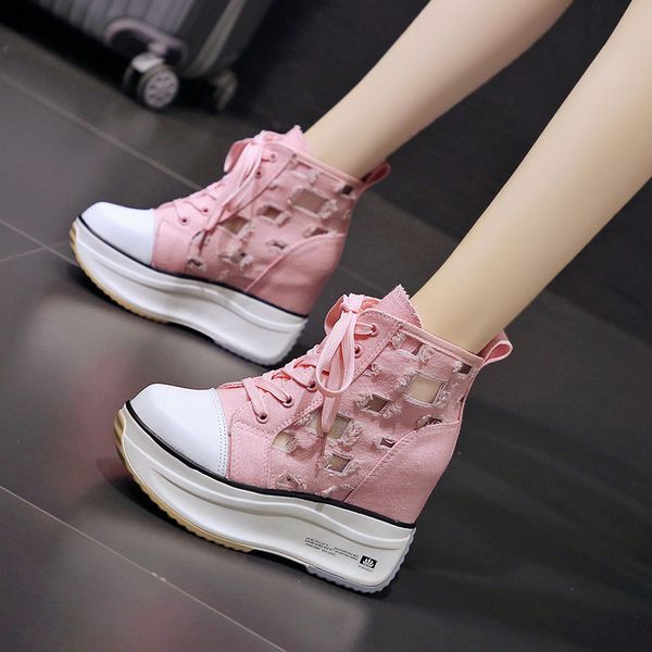 

summer women's high lace up increased internal heel pumps shoes canvas hollow out casual shoes j35, Black