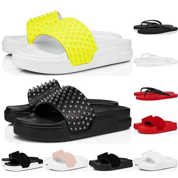 

new fashion men flip flops red bottom spikes summer slippers triple black white yellow slides house outdoor mens sandals size 38-46