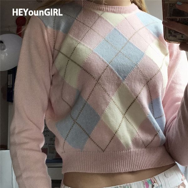 

heyoungirl autumn argyle pink casual sweater women plaid long sleeve knitted jumpers ladies winter fashion pullover knitwear, White;black