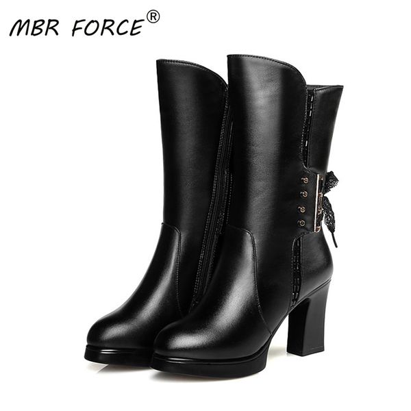 

mbr force high-heeled genuine leather women winter boots thick wool warm woman female boots high-quality female snow black
