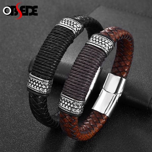 

charm leather bracelet men black brown braided steel buckle maginetic bangle 2020 trendy male jewelry casual punk wristband gift, Golden;silver
