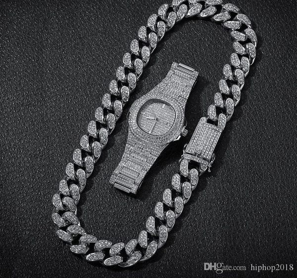 

hip hop bling chains jewelry men necklace iced out diamond miami cuban chain rose gold silver watch & necklace & bracelet set