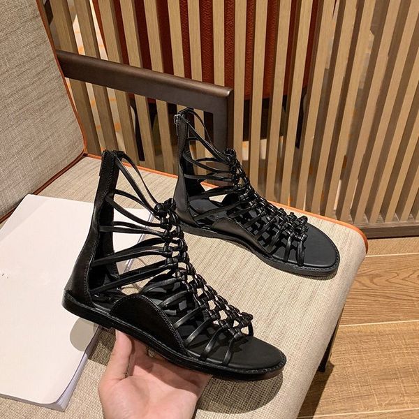 

genuine leather sandal for women weave fashion de signer ladies summer shoes hook loop thickness pattern girls vigour famous shoe, Black