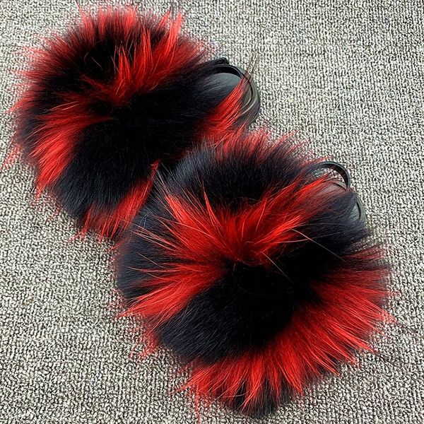 

2020 new fashion real fur slides wholesale kid/baby/children raccoon fox fur slippers furry outdoor sandals, Black