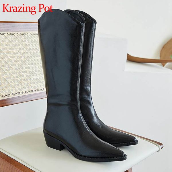 

krazing pot sealing natural genuine leather slip on pointed toe med heel vintage retro model streetwear knee-higboots l27, Black