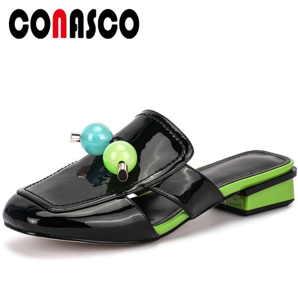 

conasco women sandals genuine leather fashion string bead slippers mules summer 2020 new arrival low heels casual shoes woman, Black