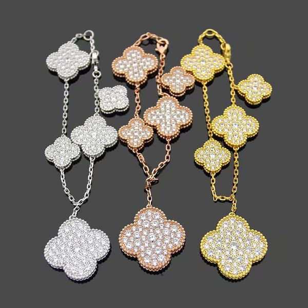 

newcome europe america fashion lady women brass large small five motifs full diamond four leaf flower 18k gold tassels chain bracelets, Black