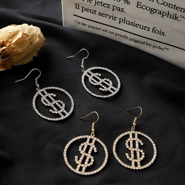 

fashion crystal dollar pendant gold color dangle earrings for women round shape money sign rhinestone drop earrings jewelry, Silver