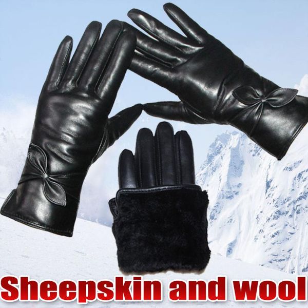 

five fingers gloves leather fur sheepskin female wool thick warm real winter touch screen windproof, Blue;gray