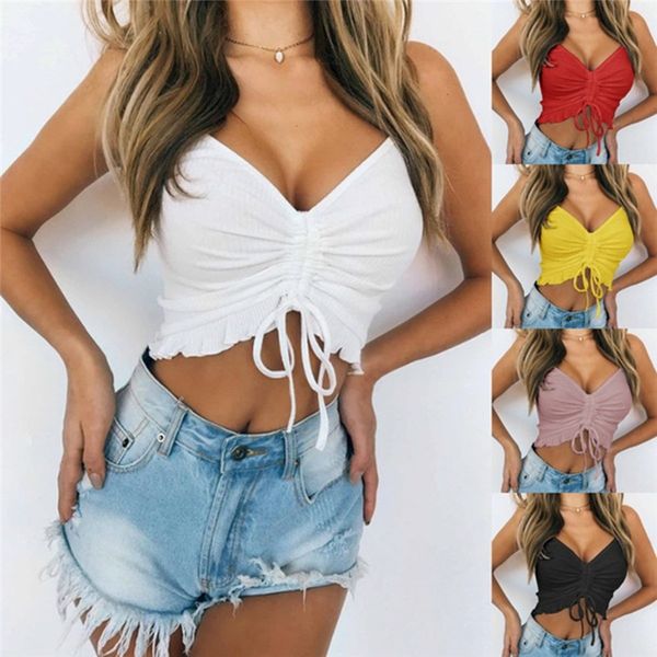 

2020 summer new pleated bow tie camis sleeveless off shoulder women tank ladies streetwear fashoin white basic crop top