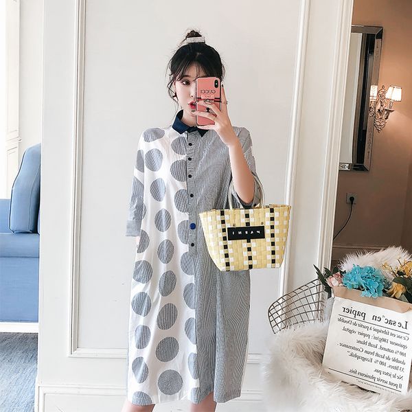

2020 spring fashion printing maternity shirts plus size polka dot patchwork striped single-breasted pregnant women cotton dress, White