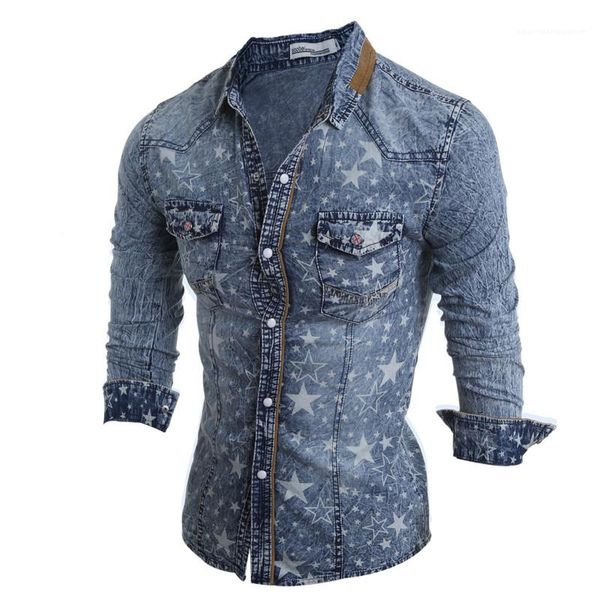 

long sleeve mens casual shirts fashion male washed autumn denim mens shirts slim stars printed lapel neck, White;black