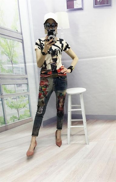 

women designer jeans 3d flowers pattern painted pencil pants woman elegant style denim trousers female clothing stretchy, Blue