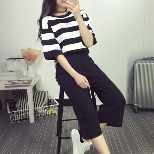 

2 pcs set women summer cotton casual pants suits set fashion striped t shirt and pants women tracksuit, Gray