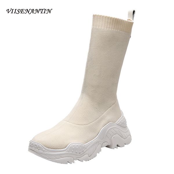 

new all-match casual woven stretch boots fashion korean version of the thick bottom tube short solid socks boots women, Black