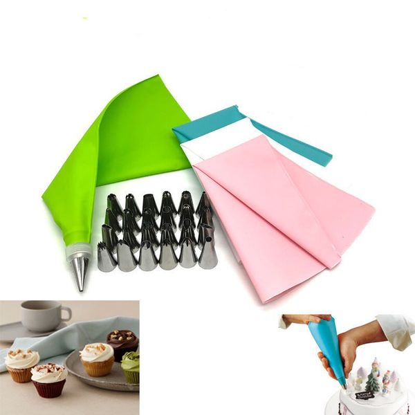 

baking & pastry tools 26pc/set kitchen cake decorating tool silicone icing piping cream bag +24 nozzle set