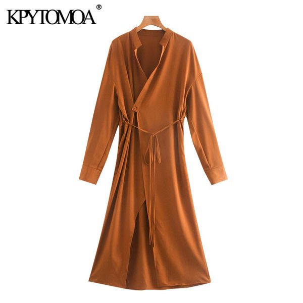 

kpytomoa women 2020 chic fashion with tied pleated wrap midi dress vintage long sleeve back elastic female dresses mujer c200919, Black;pink