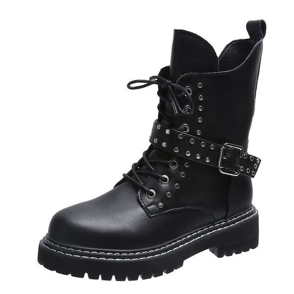 

double row metal rivets british style retro flat bottom rivet short boots thick heel cross straps belt buckle mid-calf boots, Black