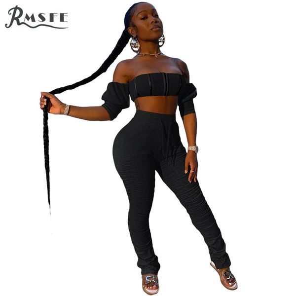 

rmsfe 2020 women short sleeve slash neck casual loose slim outfit tracksuit two pieces set high elastic skinny female sets, Gray