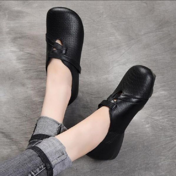 

2020 autumn winter new style comfortable handmade shoes hook loop flat bottom genuine leather single shoes for women, Black