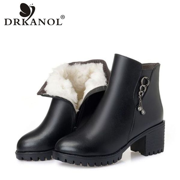 

boots drkanol winter warm wool women platform ankle side zipper round toe rhinestone thick high heel leather, Black