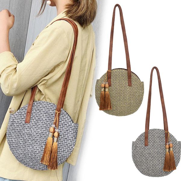 

women large shoulder bag handwoven round straw summer beach travel tote -opk