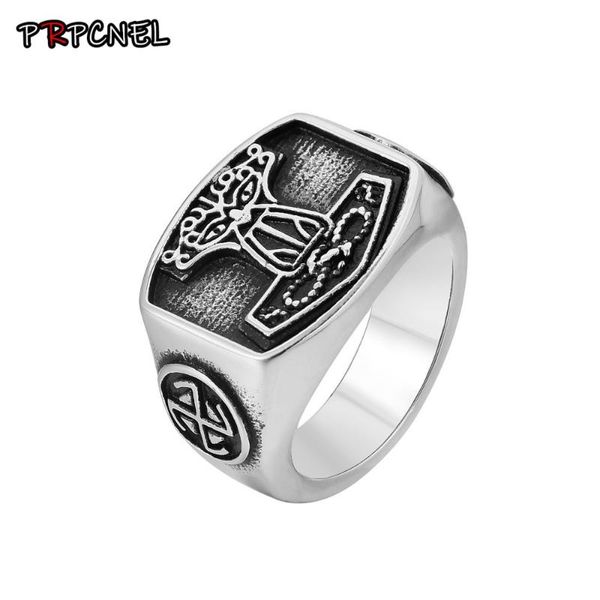 

new tribal symbol myth thor hammer ring 316l stainless steel jewelry knot ring norse viking motor biker men, Golden;silver