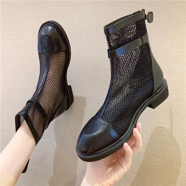 

brand women's shoes summer boot boots-women booties woman 2020 low heel round toe fashion ladies mid calf flat rock, Black