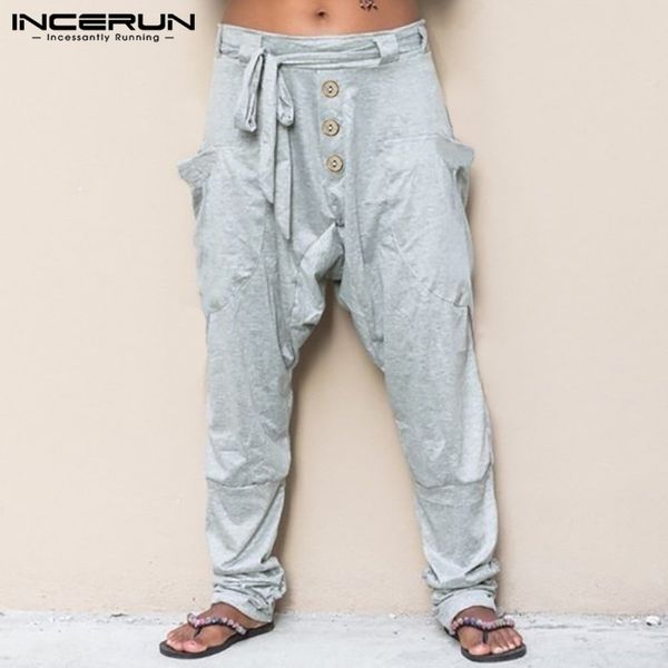 

incerun men casual pants joggers streetwear solid color lace up button drop-crotch pants pockets breathable thin trousers men, Black