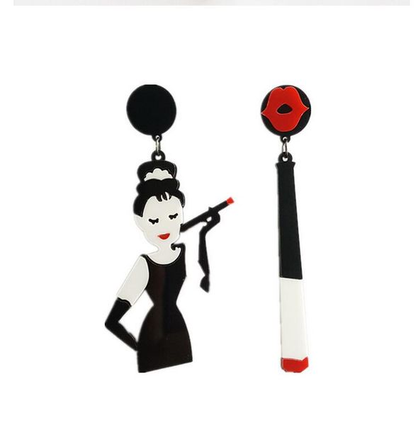 

european fashion hip hop jewelry women smoking lips asymetric acrylic long drop earrings red lip night club drop earrings, Silver