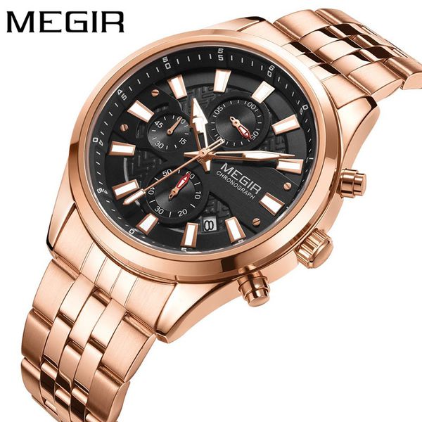 

megir watch men waterproof chronograph army male clock gold steel business man sport wristwatch 2154, Slivery;brown