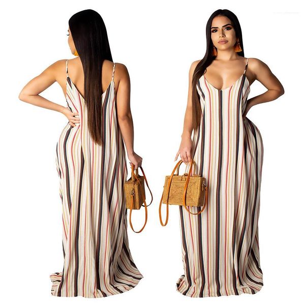 

floral v-neck seaside dress long boho women casual loose spaghetti strap dress holiday striped beach, Black;gray