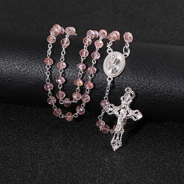 KOMi Rosa Rosenkranz Perlen Kreuz Anhänger Lange Halskette Für Frauen Männer Katholischen Christus Religiöse Jesus Schmuck Geschenk R-233