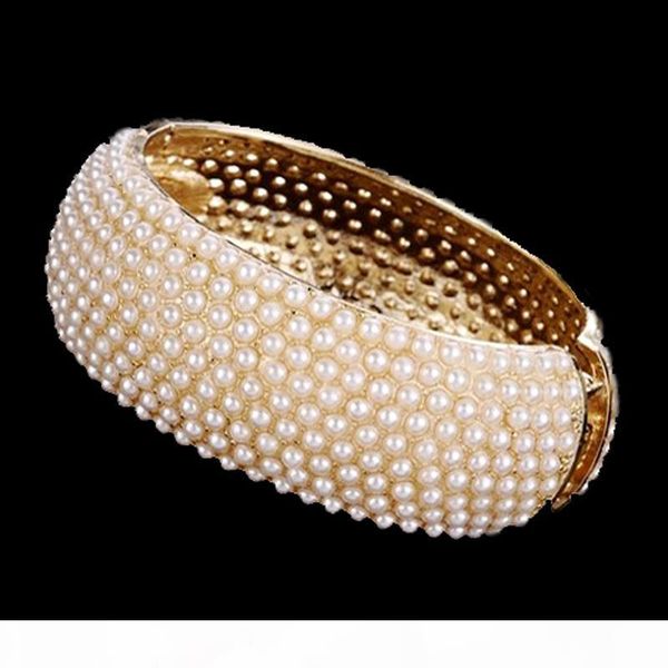

luxury pearl bracelets spring wide cuff bangle gold alloy bead bracelet for women wedding bride bangles jewelry gifts wholesale, Golden;silver
