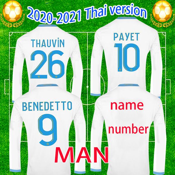 

olympique marseille 20 21 long sleeve home soccer jerseys maillot foot payet ligue 1 uber eats new benedetto maillots football shirt jersey, Black;yellow